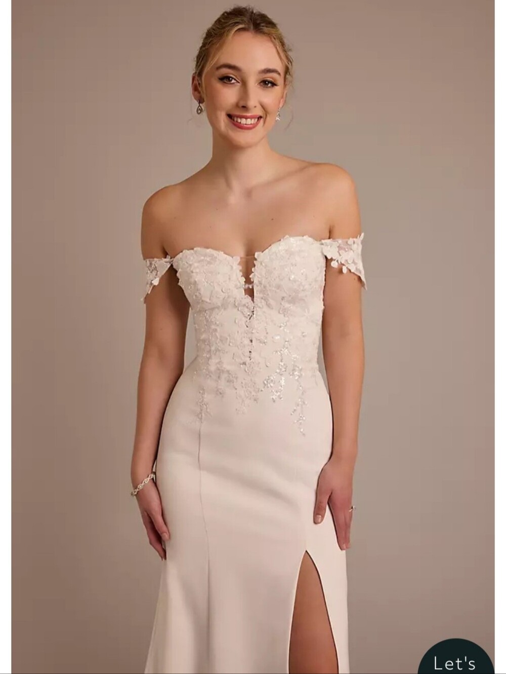 Davids Bridal Off-Shoulder (On Shoulder Or Strapless) Wedding Dress Thigh Slit